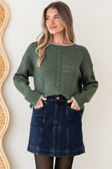 Halo Jumper - Crew Neck Cable Detailed Step Hem Knit with Contrast Hemlines in Green