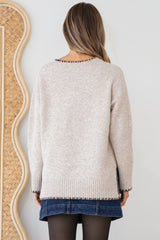 Halo Jumper - Crew Neck Cable Detailed Step Hem Knit with Contrast Hemlines in Latte
