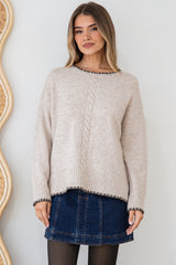Halo Jumper - Crew Neck Cable Detailed Step Hem Knit with Contrast Hemlines in Latte