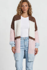 Model wearing Hana Cardigan in White/Coffee Multi from Salty Crush
