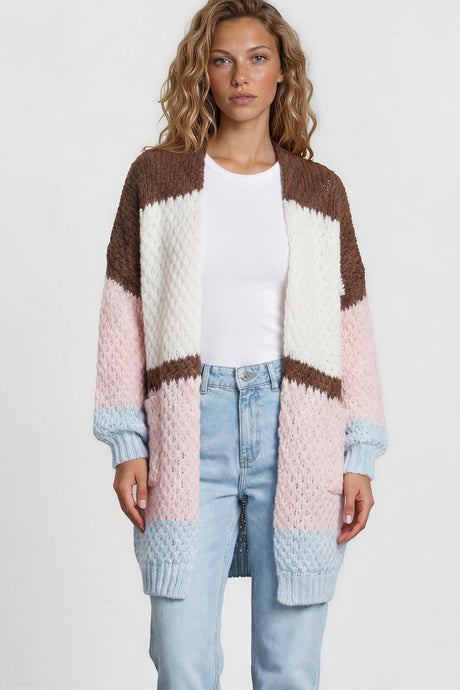 Model wearing Hana Cardigan in White/Coffee Multi from Salty Crush
