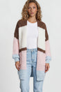 Model wearing Hana Cardigan in White/Coffee Multi from Salty Crush
