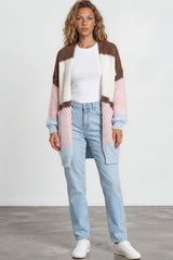 Model wearing Hana Cardigan in White/Coffee Multi from Salty Crush
