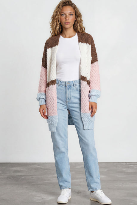 Model wearing Hana Cardigan in White/Coffee Multi from Salty Crush
