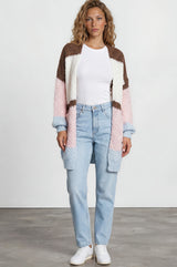 Model wearing Hana Cardigan in White/Coffee Multi from Salty Crush
