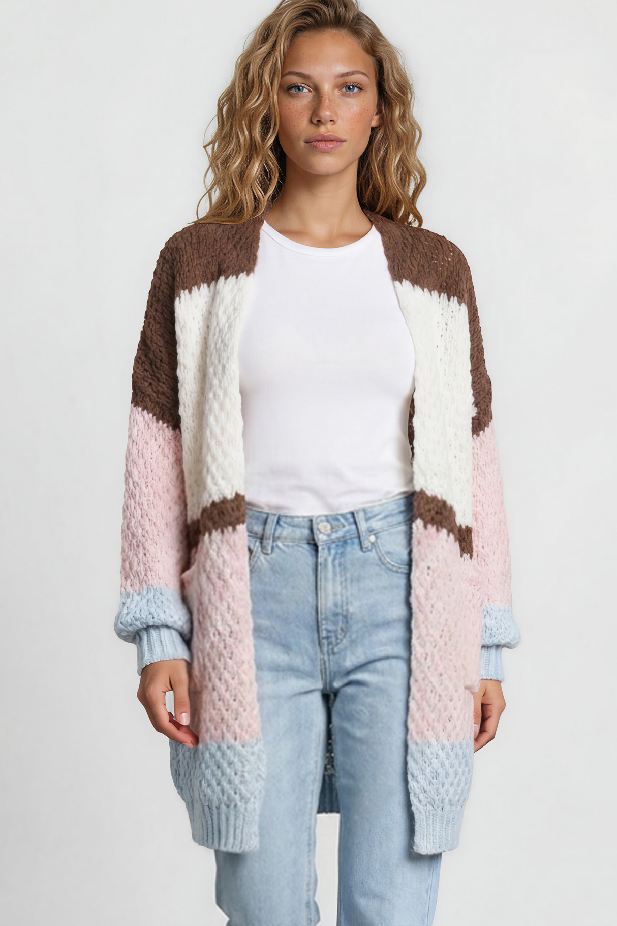Model wearing Hana Cardigan in White/Coffee Multi from Salty Crush
