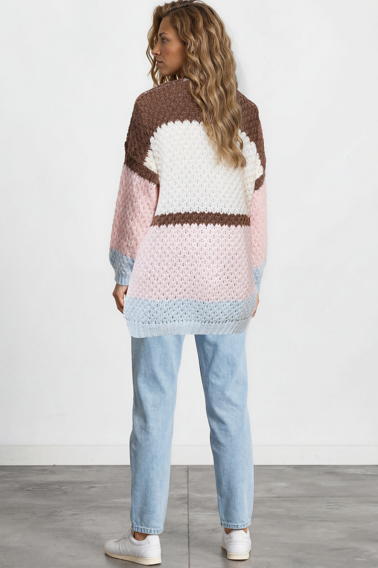 Model wearing Hana Cardigan in White/Coffee Multi from Salty Crush

