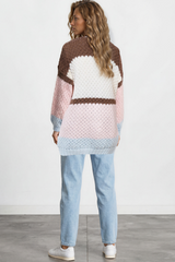 Model wearing Hana Cardigan in White/Coffee Multi from Salty Crush
