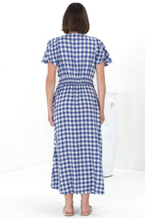 Hani Maxi Dress - Button Down A-Line Dress with Cap Flutter Sleeves in Wila Print Blue