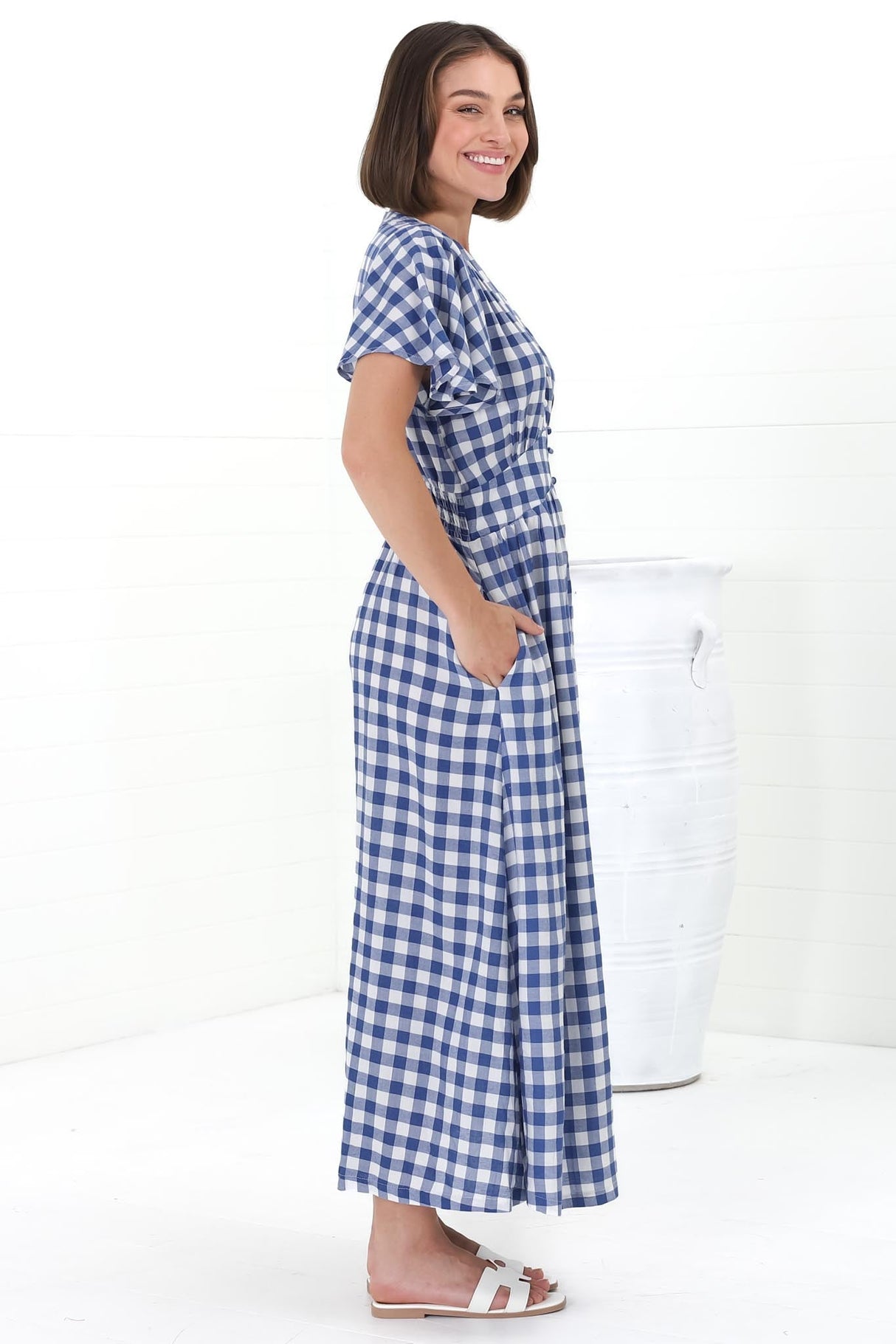 Hani Maxi Dress - Button Down A-Line Dress with Cap Flutter Sleeves in Wila Print Blue