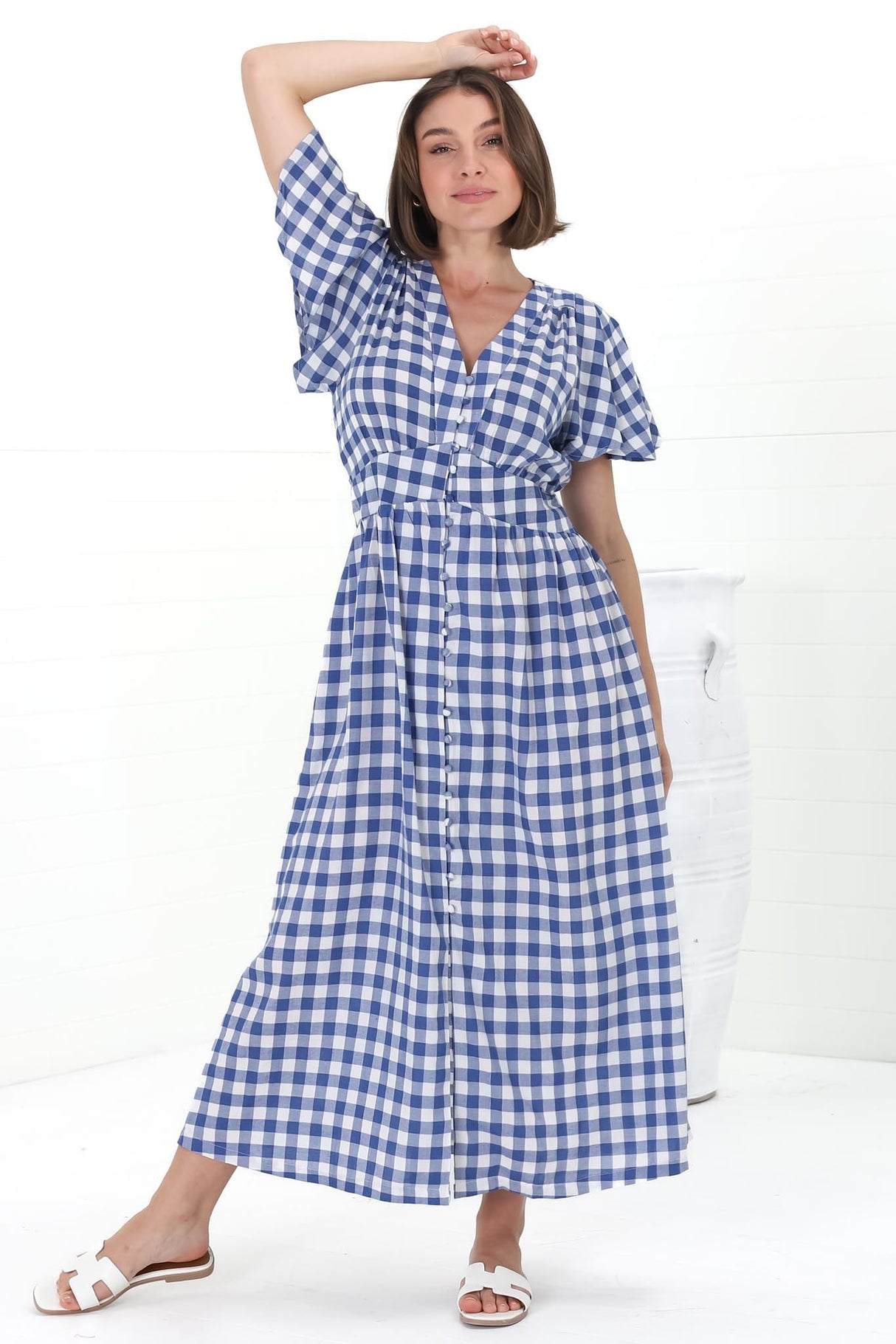 Hani Maxi Dress - Button Down A-Line Dress with Cap Flutter Sleeves in Wila Print Blue