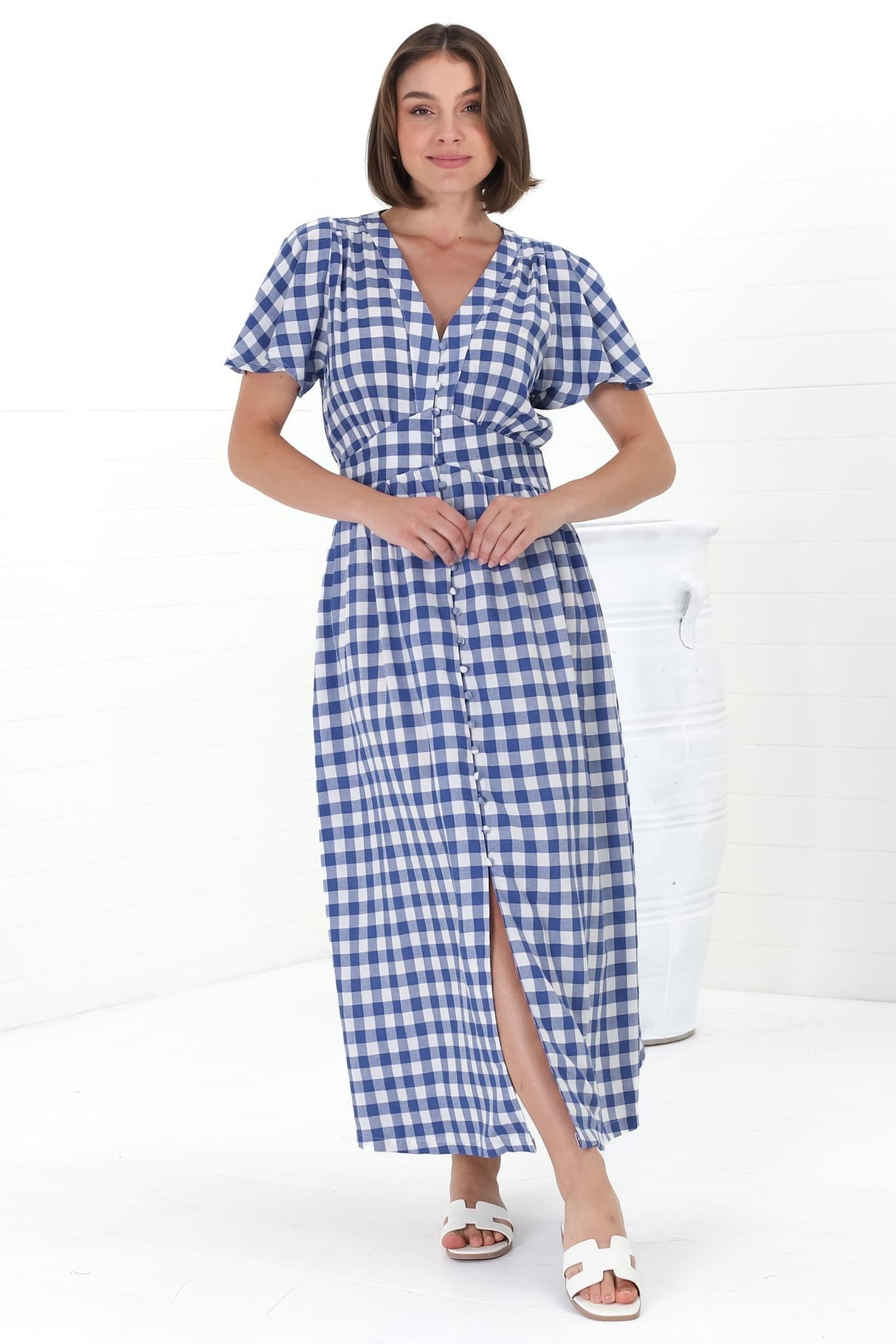 Hani Maxi Dress - Button Down A-Line Dress with Cap Flutter Sleeves in Wila Print Blue