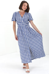 Hani Maxi Dress - Button Down A-Line Dress with Cap Flutter Sleeves in Wila Print Blue