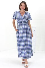 Hani Maxi Dress - Button Down A-Line Dress with Cap Flutter Sleeves in Wila Print Blue