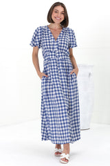 Hani Maxi Dress - Button Down A-Line Dress with Cap Flutter Sleeves in Wila Print Blue