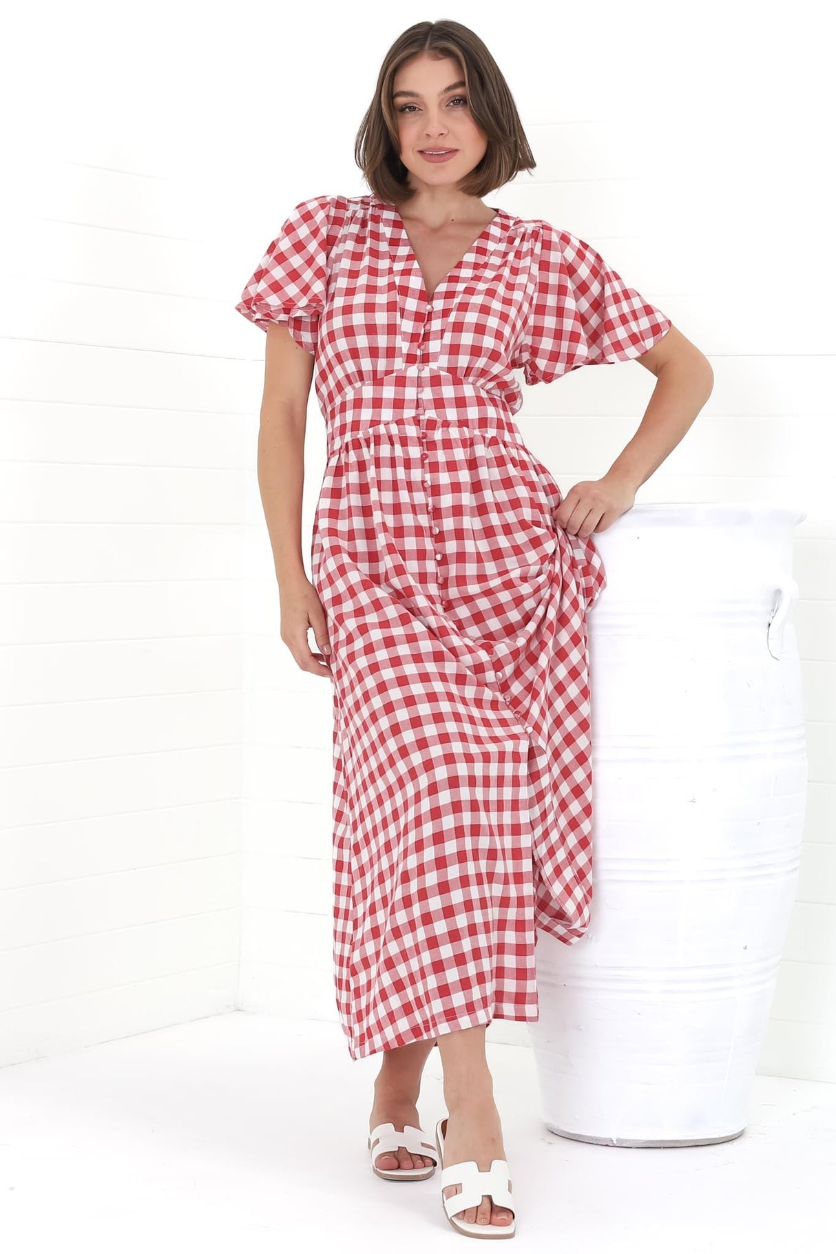 Hani Maxi Dress - Button Down A-Line Dress with Cap Flutter Sleeves in Wila Print Red