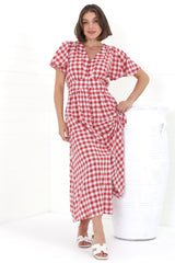 Hani Maxi Dress - Button Down A-Line Dress with Cap Flutter Sleeves in Wila Print Red