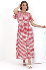 Hani Maxi Dress - Button Down A-Line Dress with Cap Flutter Sleeves in Wila Print Red