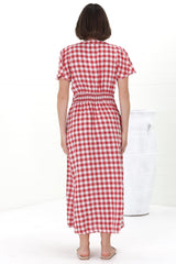 Hani Maxi Dress - Button Down A-Line Dress with Cap Flutter Sleeves in Wila Print Red