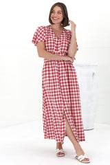 Hani Maxi Dress - Button Down A-Line Dress with Cap Flutter Sleeves in Wila Print Red