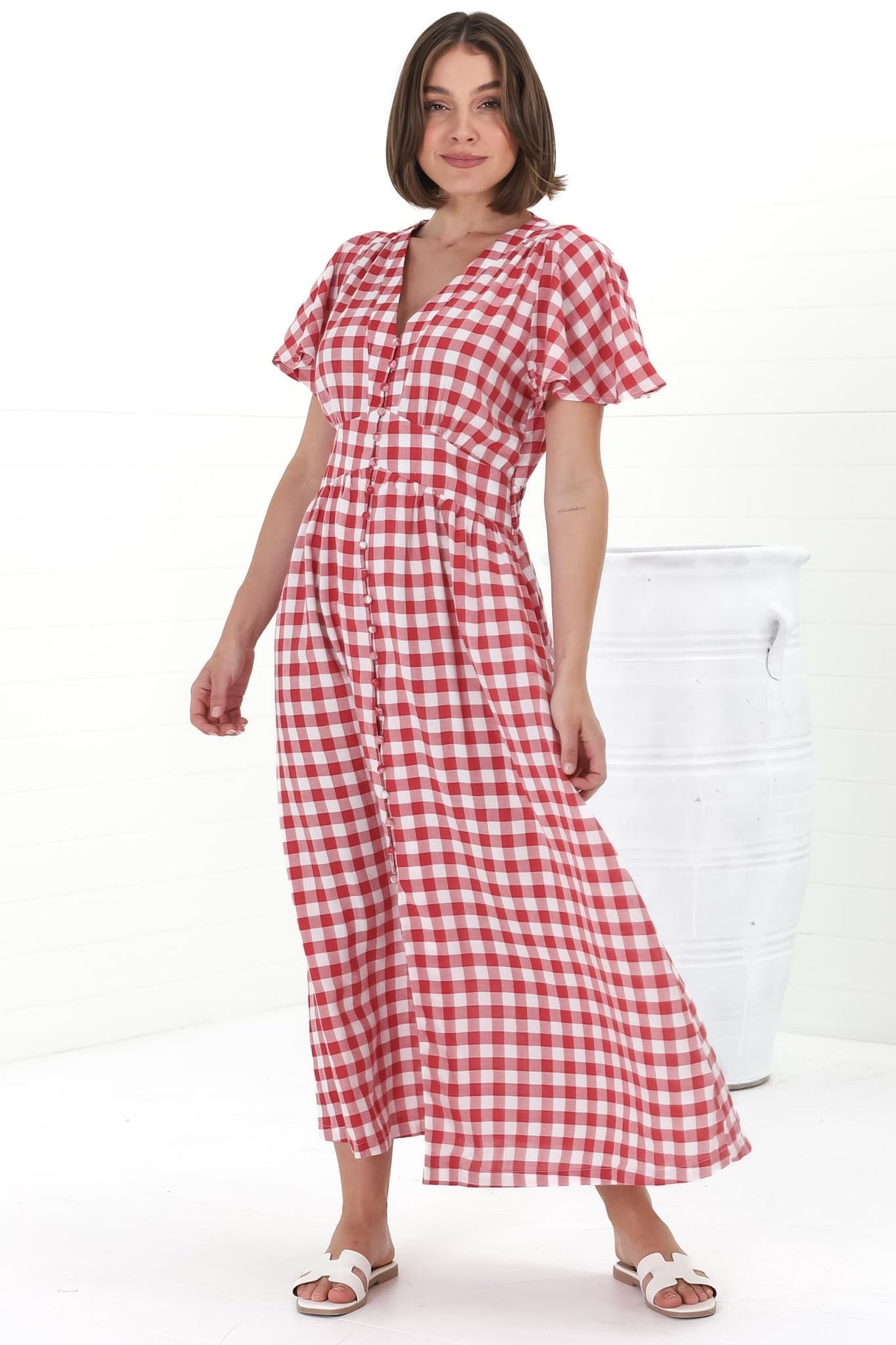 Hani Maxi Dress - Button Down A-Line Dress with Cap Flutter Sleeves in Wila Print Red