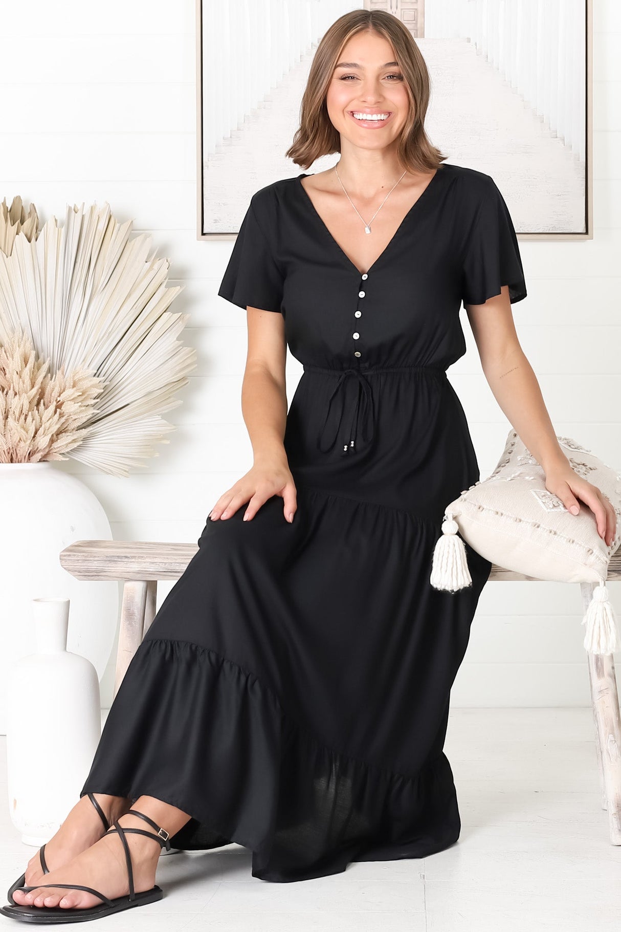 Hanna Maxi Dress - Cap Sleeve Tiered A Line Dress with Toggle Detailed Waist Tie in Black