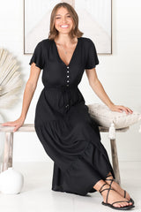 Hanna Maxi Dress - Cap Sleeve Tiered A Line Dress with Toggle Detailed Waist Tie in Black