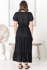 Hanna Maxi Dress - Cap Sleeve Tiered A Line Dress with Toggle Detailed Waist Tie in Black