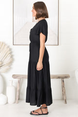 Hanna Maxi Dress - Cap Sleeve Tiered A Line Dress with Toggle Detailed Waist Tie in Black