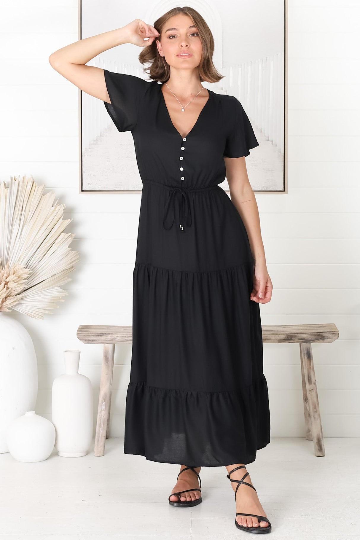 Hanna Maxi Dress - Cap Sleeve Tiered A Line Dress with Toggle Detailed Waist Tie in Black