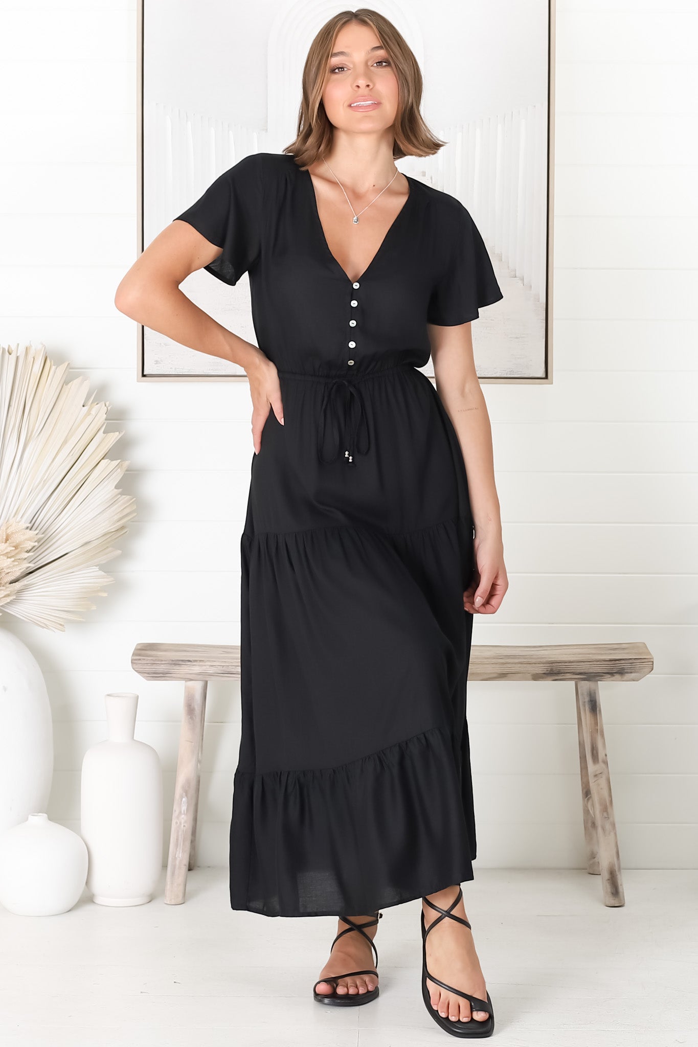 Hanna Maxi Dress - Cap Sleeve Tiered A Line Dress with Toggle Detailed Waist Tie in Black