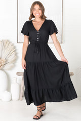 Hanna Maxi Dress - Cap Sleeve Tiered A Line Dress with Toggle Detailed Waist Tie in Black