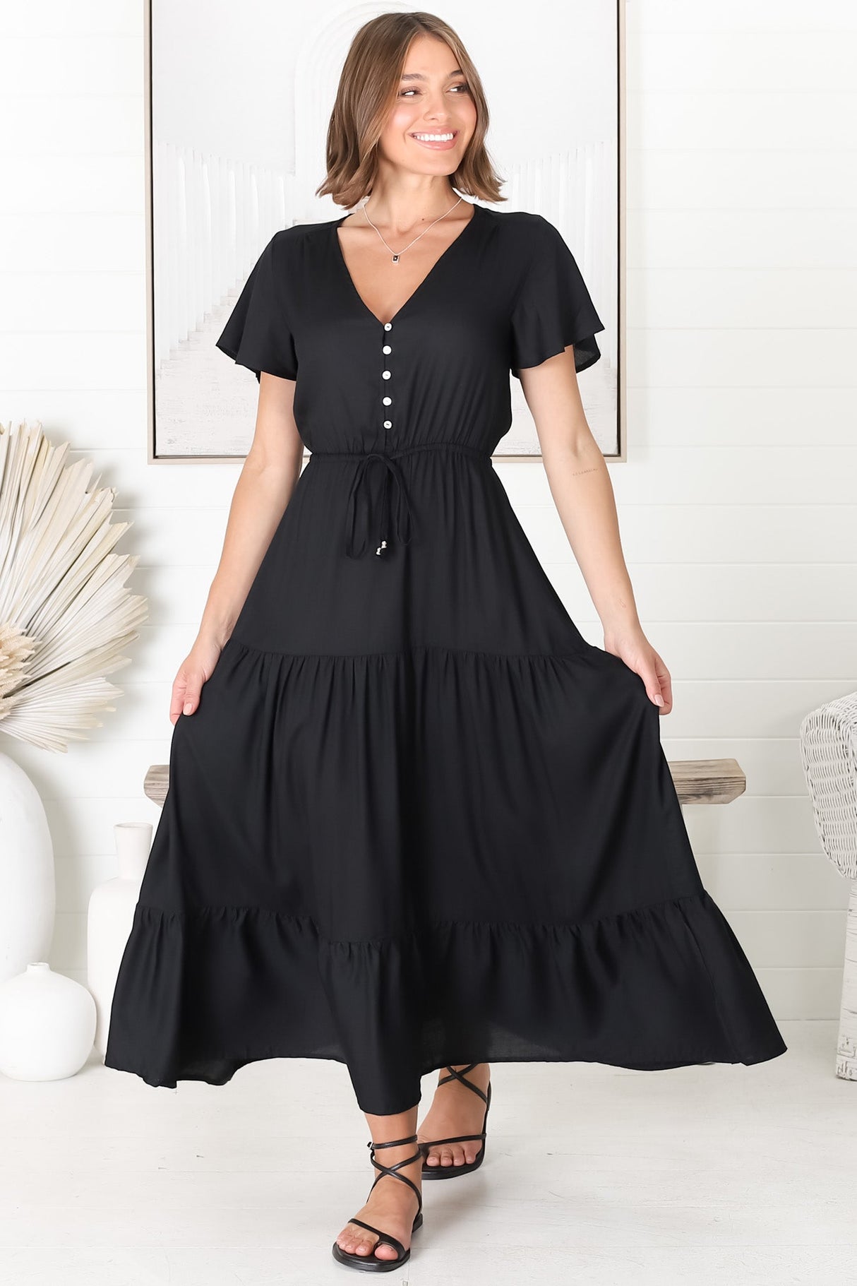 Hanna Maxi Dress - Cap Sleeve Tiered A Line Dress with Toggle Detailed Waist Tie in Black