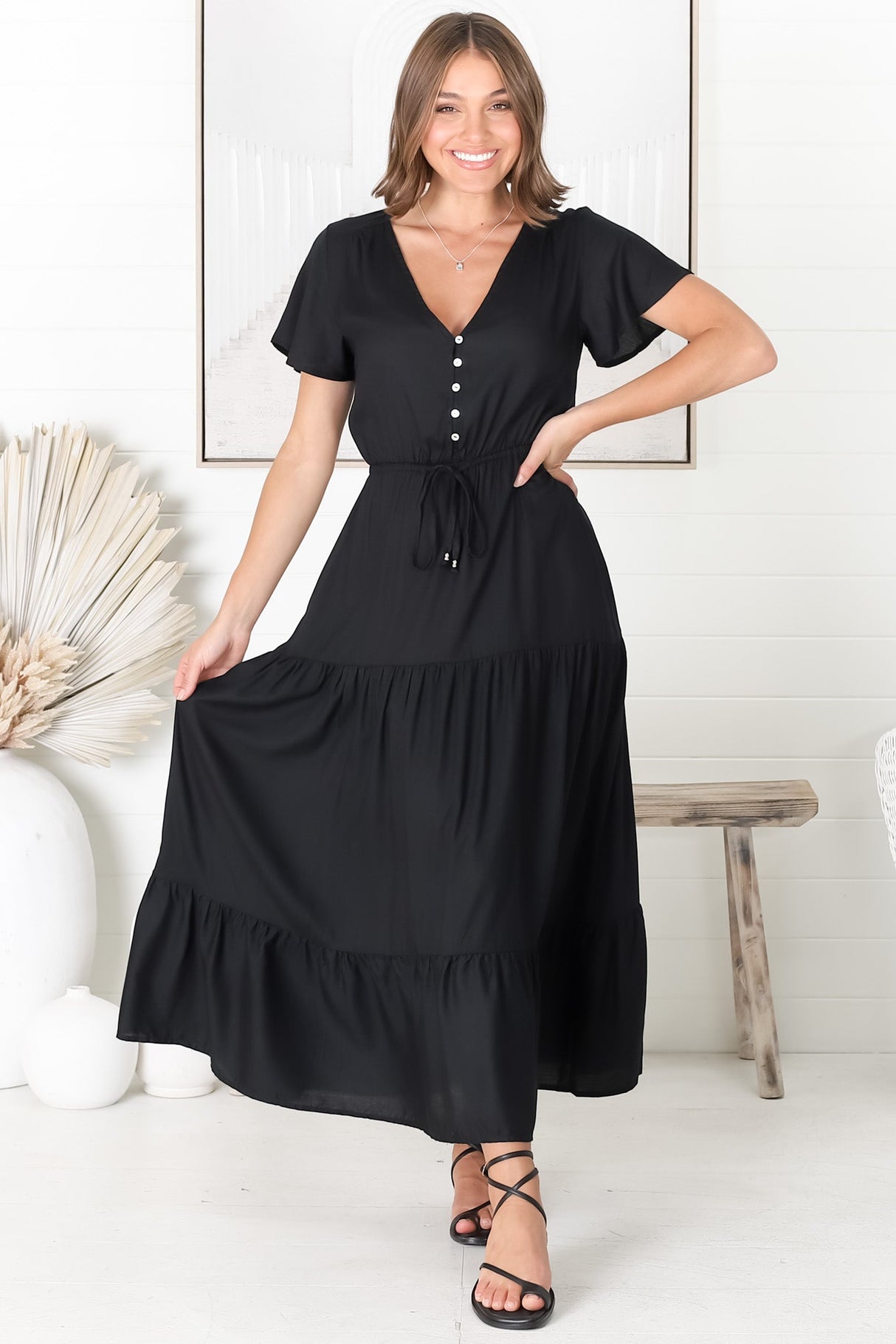 Hanna Maxi Dress - Cap Sleeve Tiered A Line Dress with Toggle Detailed Waist Tie in Black