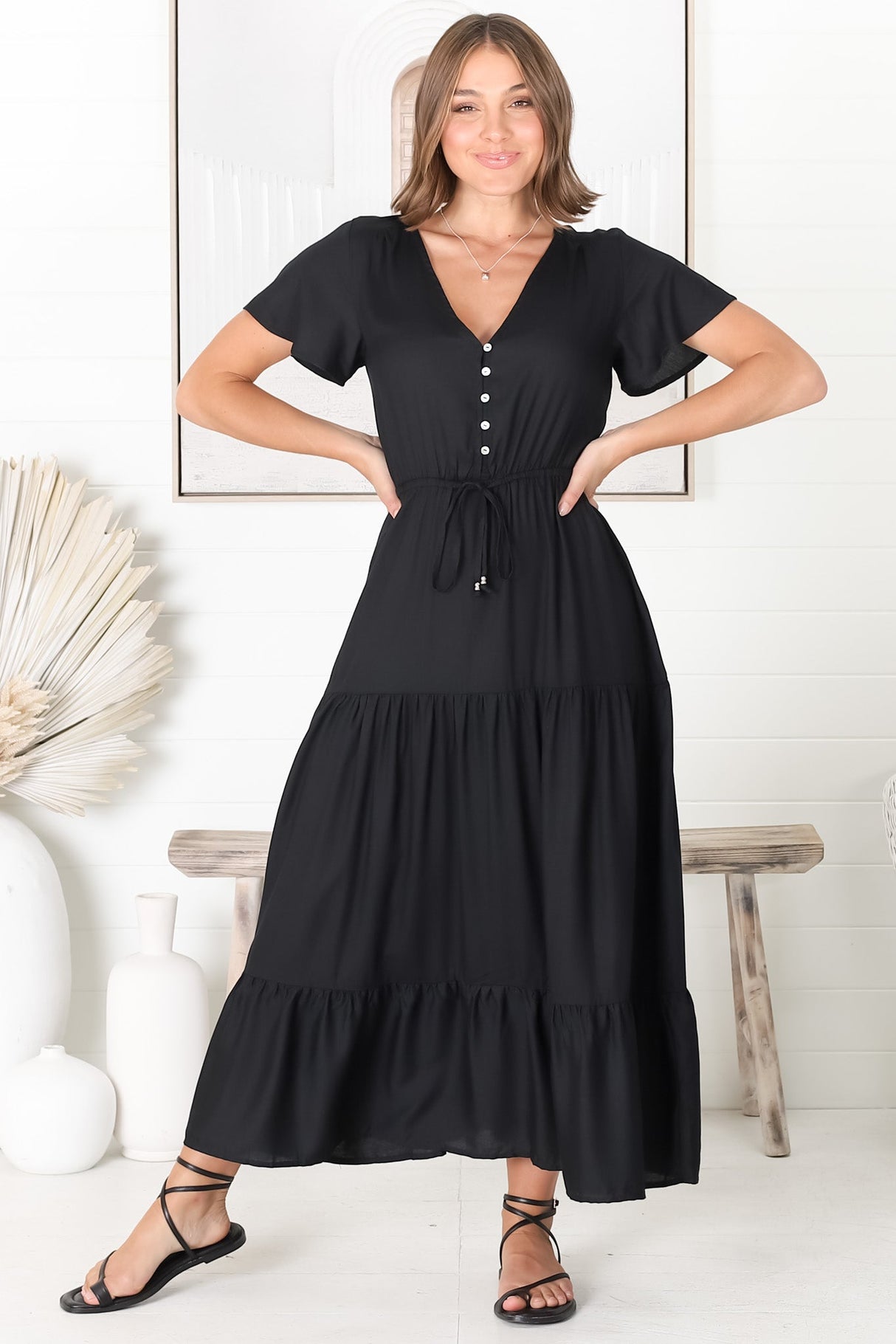 Hanna Maxi Dress - Cap Sleeve Tiered A Line Dress with Toggle Detailed Waist Tie in Black