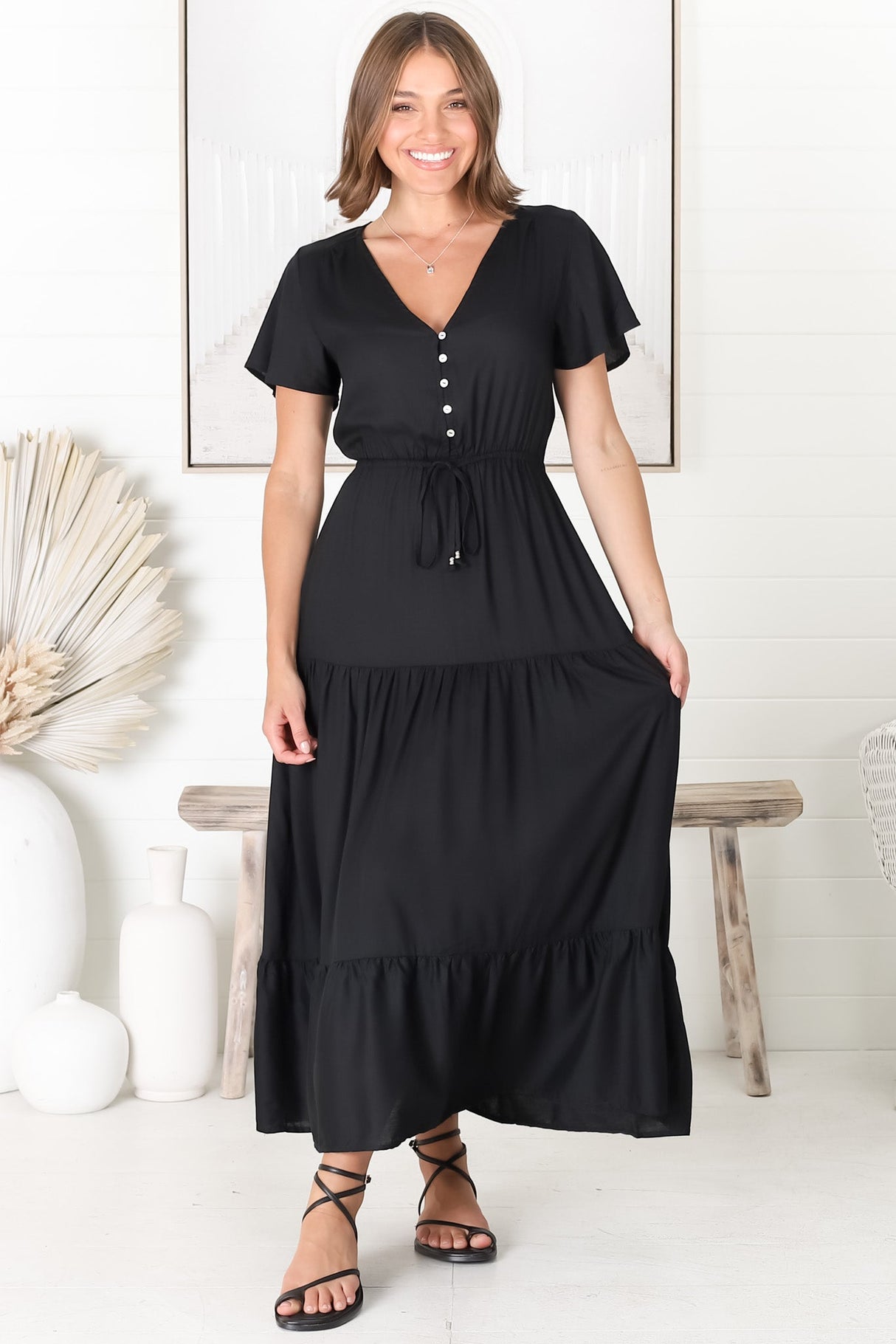 Hanna Maxi Dress - Cap Sleeve Tiered A Line Dress with Toggle Detailed Waist Tie in Black