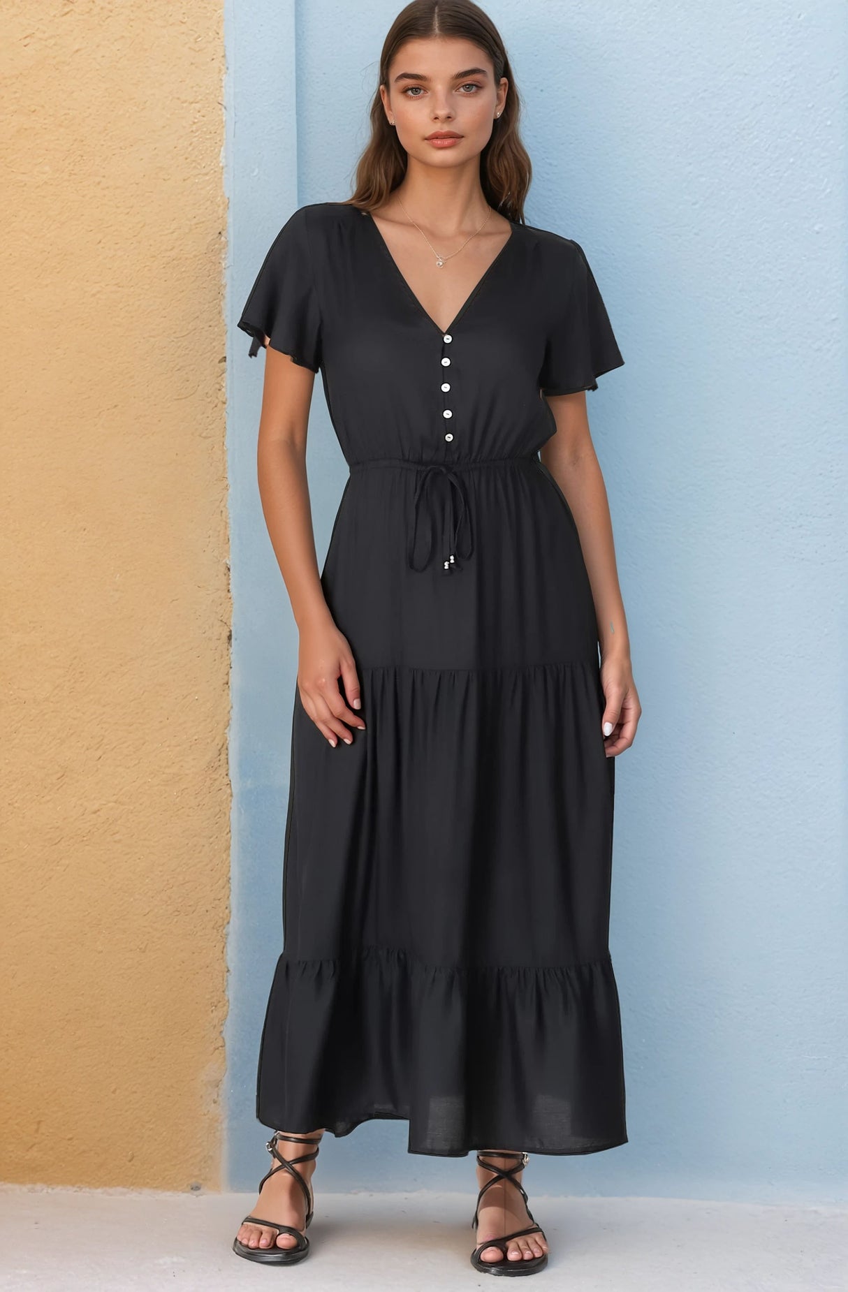 Hanna Maxi Dress - Cap Sleeve Tiered A Line Dress with Toggle Detailed Waist Tie in Black
