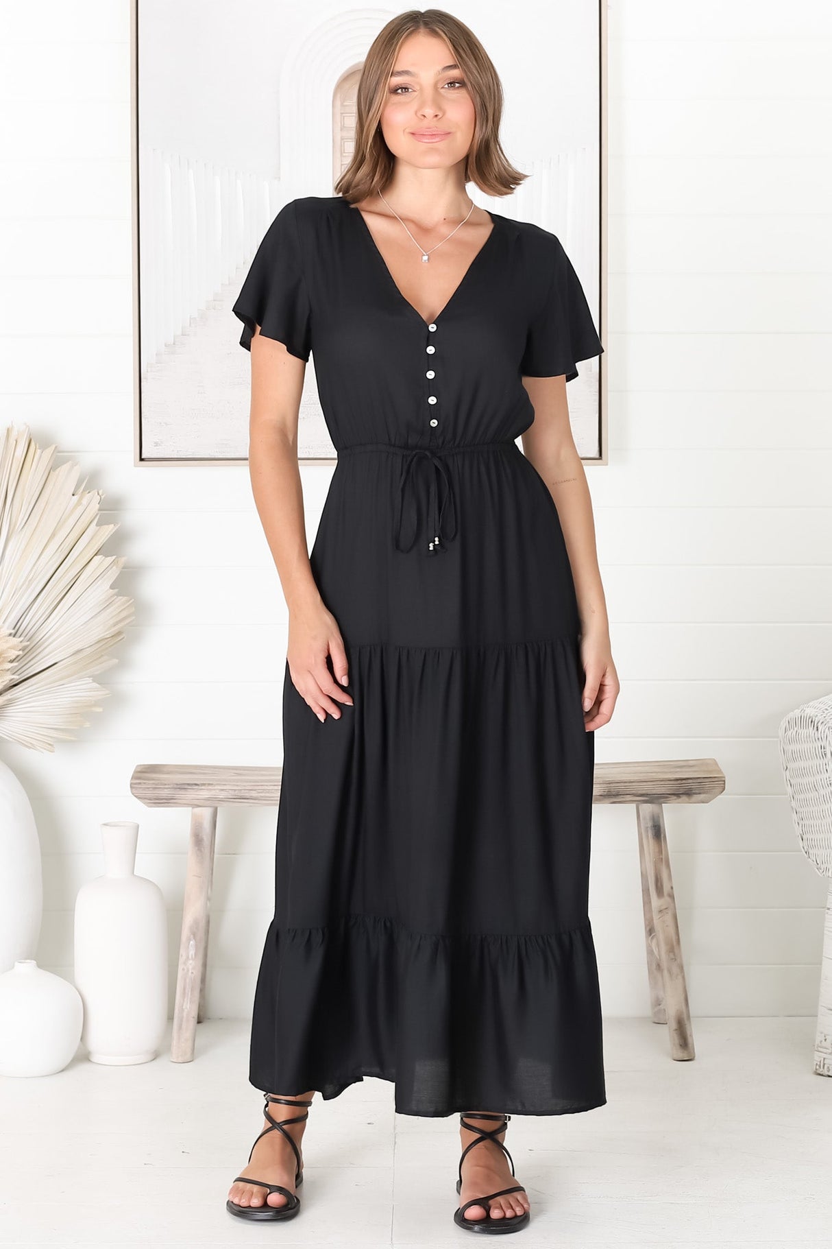 Hanna Maxi Dress - Cap Sleeve Tiered A Line Dress with Toggle Detailed Waist Tie in Black