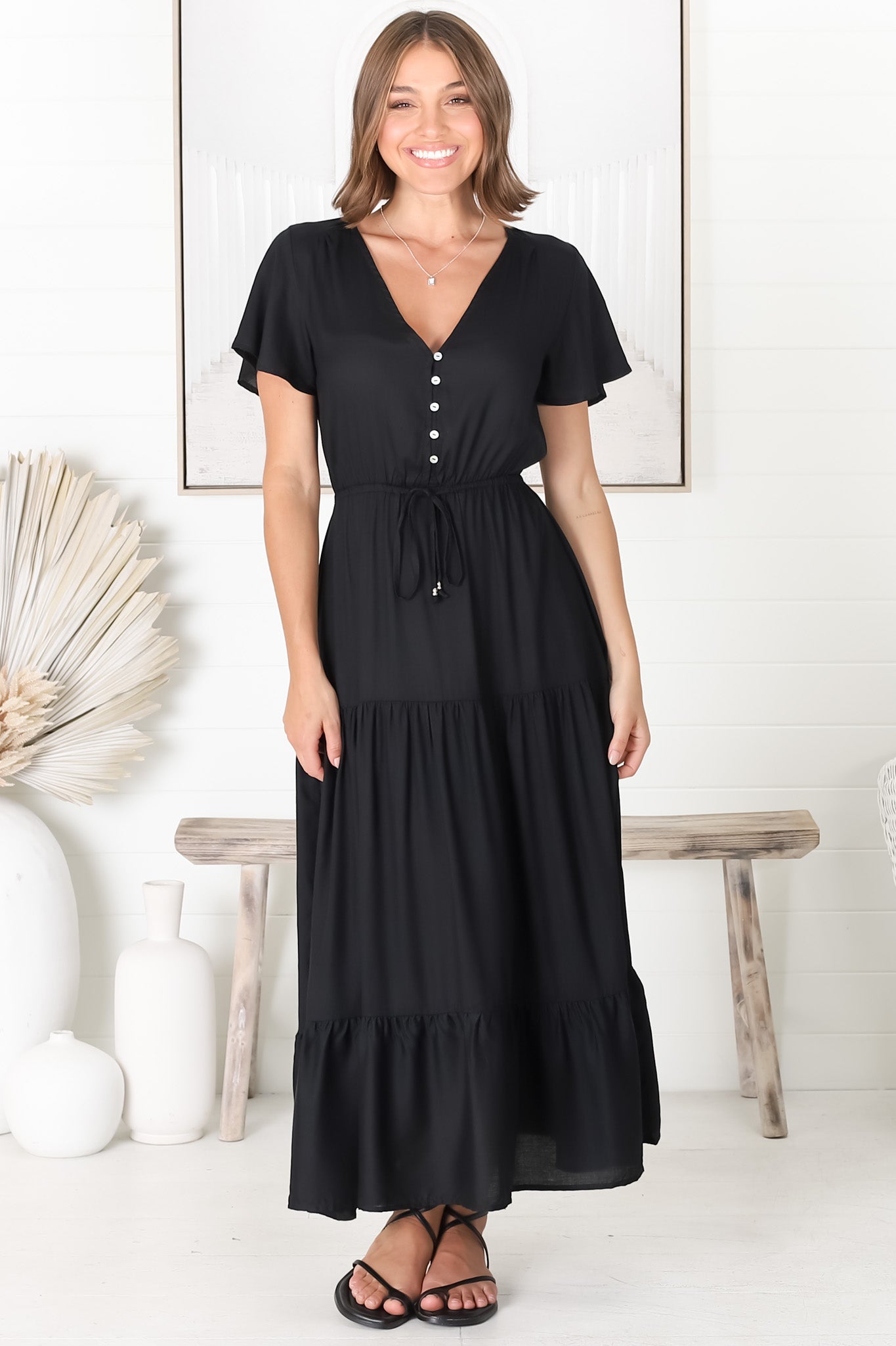 Hanna Maxi Dress - Cap Sleeve Tiered A Line Dress with Toggle Detailed Waist Tie in Black