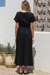 Hanna Maxi Dress - Cap Sleeve Tiered A Line Dress with Toggle Detailed Waist Tie in Black