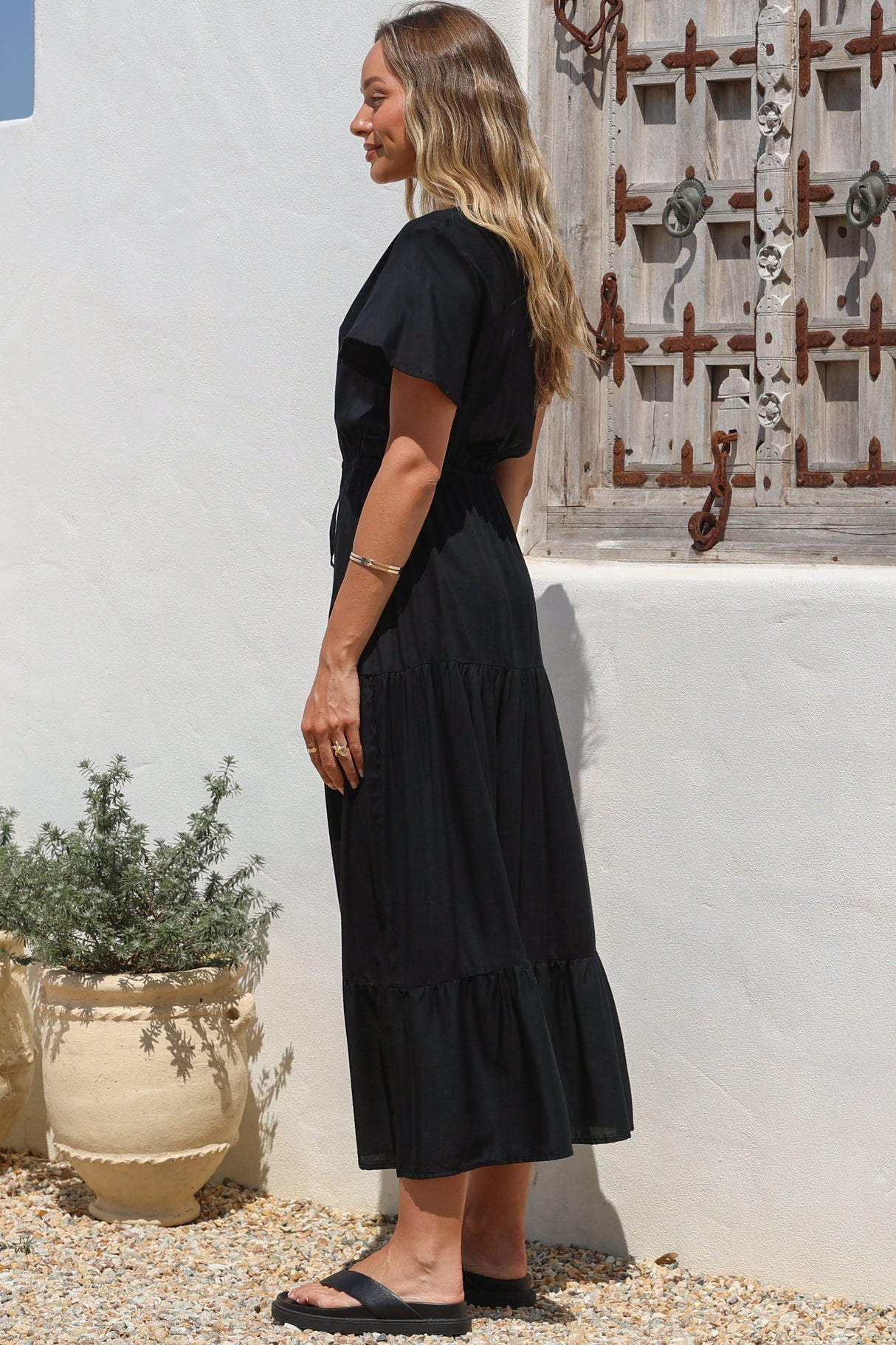Hanna Maxi Dress - Cap Sleeve Tiered A Line Dress with Toggle Detailed Waist Tie in Black