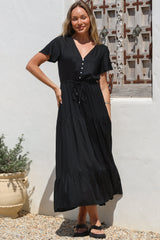 Hanna Maxi Dress - Cap Sleeve Tiered A Line Dress with Toggle Detailed Waist Tie in Black