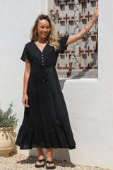 Hanna Maxi Dress - Cap Sleeve Tiered A Line Dress with Toggle Detailed Waist Tie in Black
