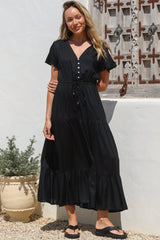 Hanna Maxi Dress - Cap Sleeve Tiered A Line Dress with Toggle Detailed Waist Tie in Black