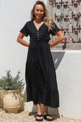 Hanna Maxi Dress - Cap Sleeve Tiered A Line Dress with Toggle Detailed Waist Tie in Black