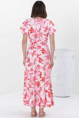 Hanna Maxi Dress - Cap Sleeve Tiered A Line Dress with Toggle Detailed Waist Tie in Braley Pink