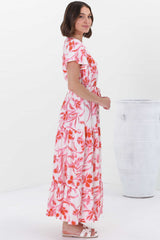 Hanna Maxi Dress - Cap Sleeve Tiered A Line Dress with Toggle Detailed Waist Tie in Braley Pink