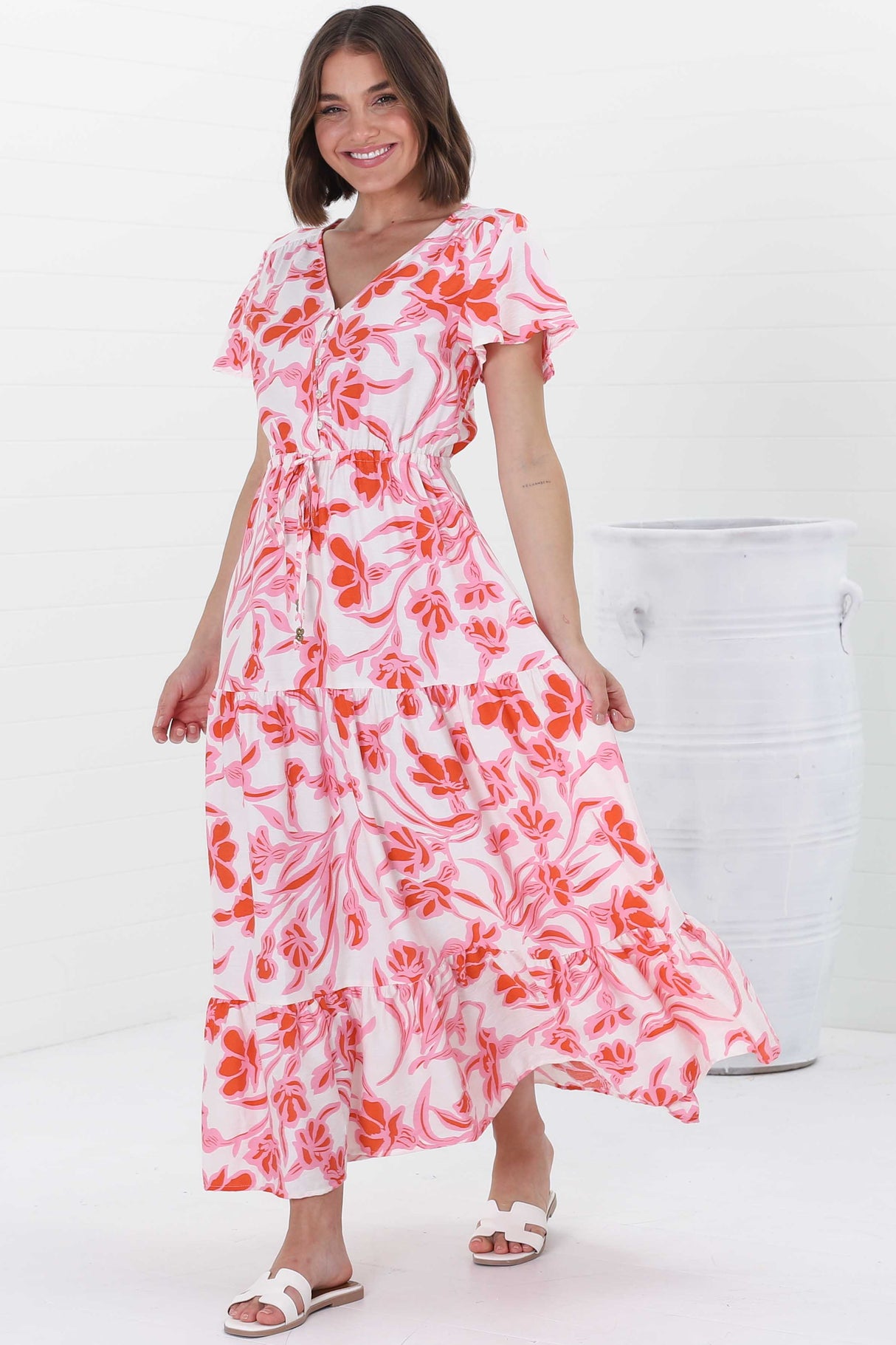 Hanna Maxi Dress - Cap Sleeve Tiered A Line Dress with Toggle Detailed Waist Tie in Braley Pink