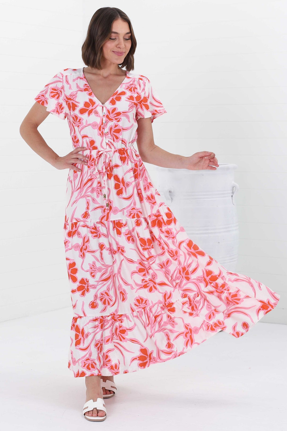 Hanna Maxi Dress - Cap Sleeve Tiered A Line Dress with Toggle Detailed Waist Tie in Braley Pink