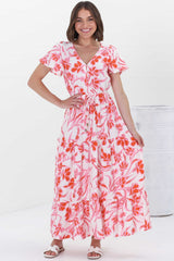 Hanna Maxi Dress - Cap Sleeve Tiered A Line Dress with Toggle Detailed Waist Tie in Braley Pink